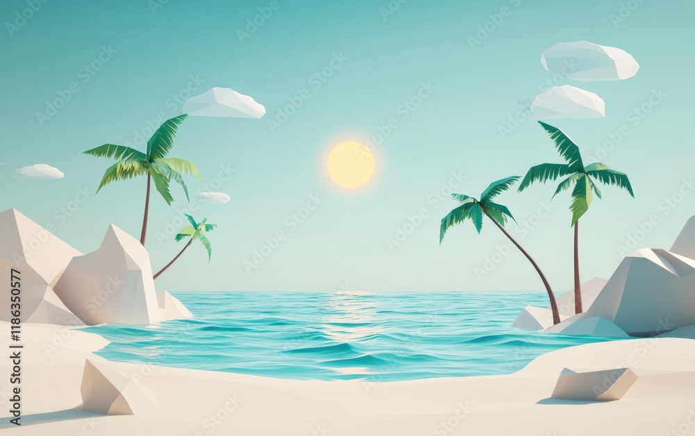 Obraz premium A minimalistic low poly beach scene with a sun, palm trees, and a tranquil ocean.