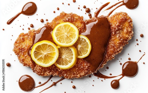 A perfectly breaded schnitzel with lemon slices and splashes of rich brown gravy in motion on a bright white background