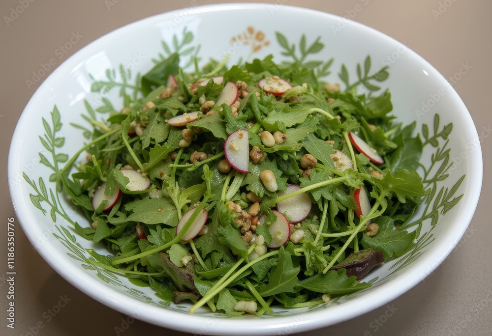 Radish and green leaf salad served in a white bowl Radish and green leaf salad served in a white bowl