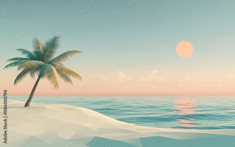 Obraz premium A minimalistic low poly beach scene with a sun, palm trees, and a tranquil ocean.