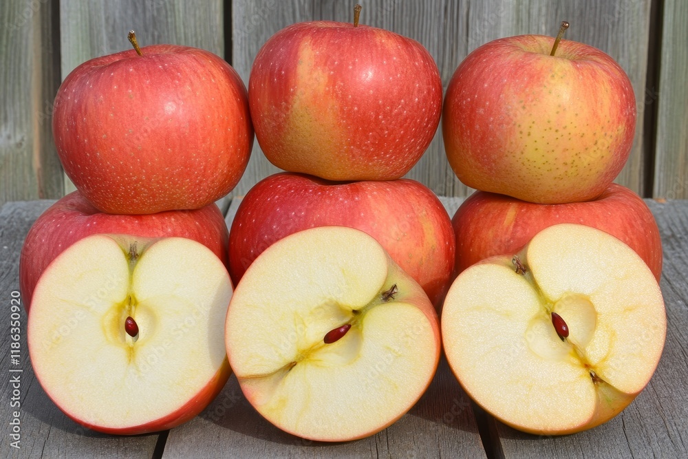 Fresh Red Apples Stacked with Sliced Cross Section Revealing Juicy Yellow Flesh and Seeds Against a Rustic Wooden Background Fresh Red Apples Stacked with Sliced Cross Section Revealing Juicy Yellow Flesh and Seeds Against a Rustic Wooden Background