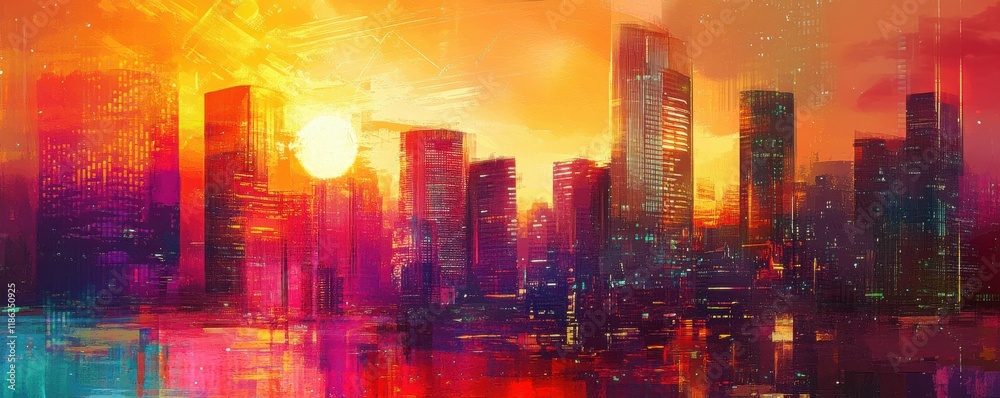 futuristic city skyline at sunset with digital elements, vibrant colors, and abstract patterns evoking technology and innovation in an urban landscape futuristic city skyline at sunset with digital elements, vibrant colors, and abstract patterns evoking technology and innovation in an urban landscape