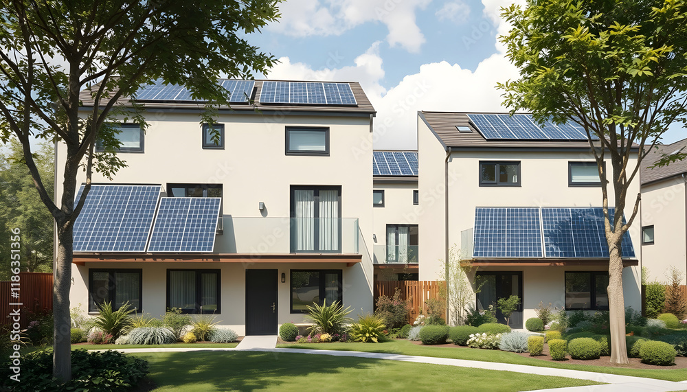 Fototapeta premium Modern eco-friendly multifamily homes with photovoltaic cells.AI generativ, detailed, with white tones