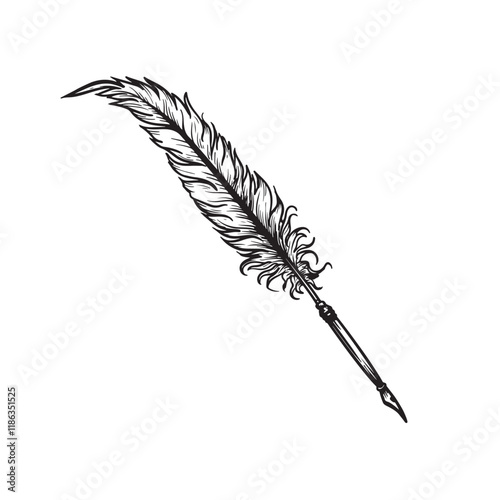 Feather quill pen hand drawn. Sketch retro vintage style. Vector illustration isolated on white.