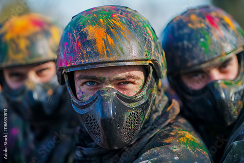 Close-Up of Paintball Players in Action, Wearing Protective Masks and Gear, Generative AI art photo