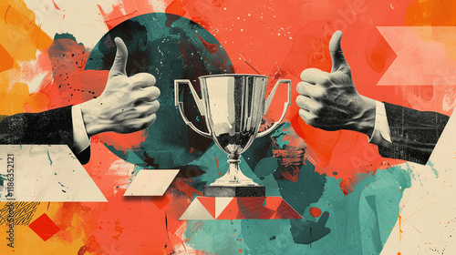 A striking contemporary art collage showcasing a hand holding a trophy, surrounded by thumbs-up gestures. Bold, dynamic design celebrates success and recognition.