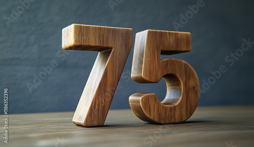 Wooden Number Seventy-Five on Dark Wooden Surface,  Rustic Style,  Number 75, Anniversary, Birthday, Celebration photo