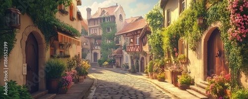 A picturesque cobblestone street with vibrant European houses