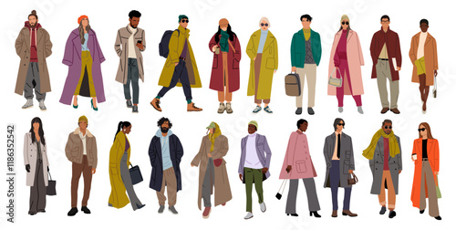 Set of stylish young men and women wearing street fashion outfit. Different business people in smart casual warm outwear clothes. Vector realistic illustrations on transparent background