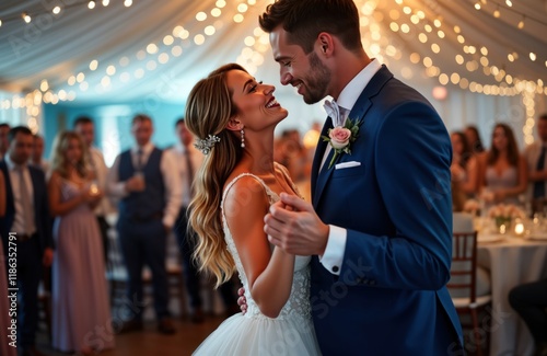 Bride, groom dance happily at wedding reception. Look lovingly at holding hands. Guests watching couple dance. Venue festive atmosphere with lights. Looks like wedding celebration inside tent. photo