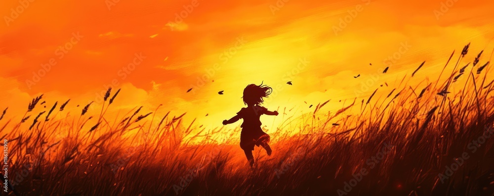 Fototapeta premium Silhouette of a child running through a golden field at sunset.
