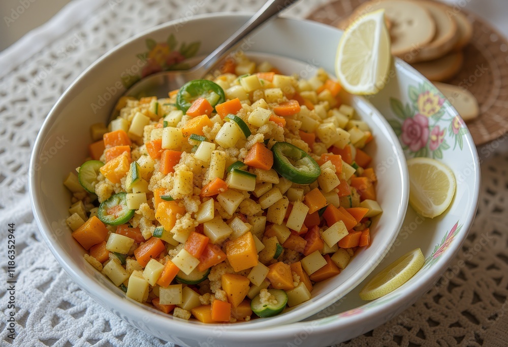 Colorful vegetable pasta with fresh chives and lemon slices Colorful vegetable pasta with fresh chives and lemon slices