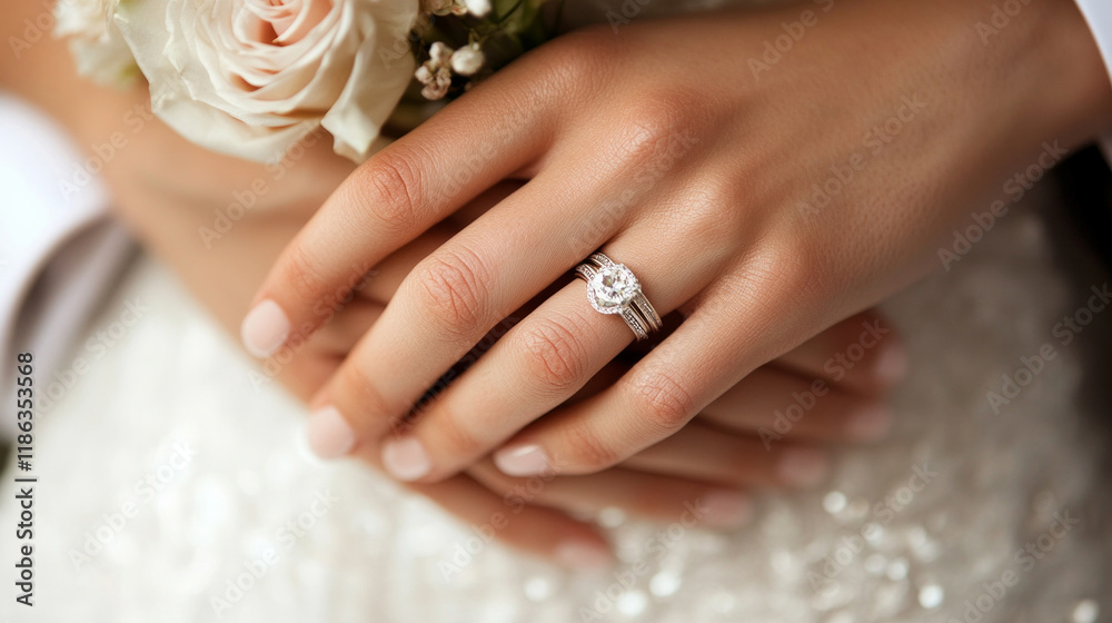 Intertwined hands displaying wedding rings with bouquet in a romantic setting Intertwined hands displaying wedding rings with bouquet in a romantic setting