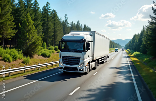 Large haulage vehicle travels along highway. Truck moves through landscape with trees. Sunshine on summer day. Highway stretches through forest. Transportation scene. Transport of goods. Delivery in