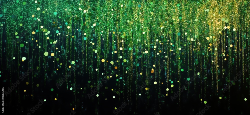 Green and Gold Glittering Bokeh Background with Vertical Lines and Dots, Sparkling Lights, Abstract Art, Festive Decoration, copy space for text Green and Gold Glittering Bokeh Background with Vertical Lines and Dots, Sparkling Lights, Abstract Art, Festive Decoration, copy space for text