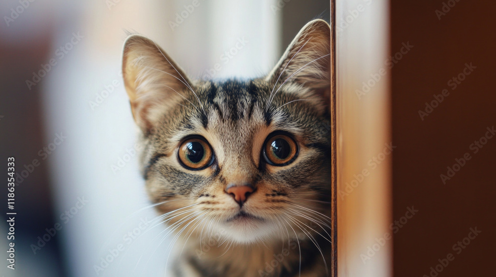 Curious tabby cat peering around a wooden corner in a cozy indoor setting Curious tabby cat peering around a wooden corner in a cozy indoor setting