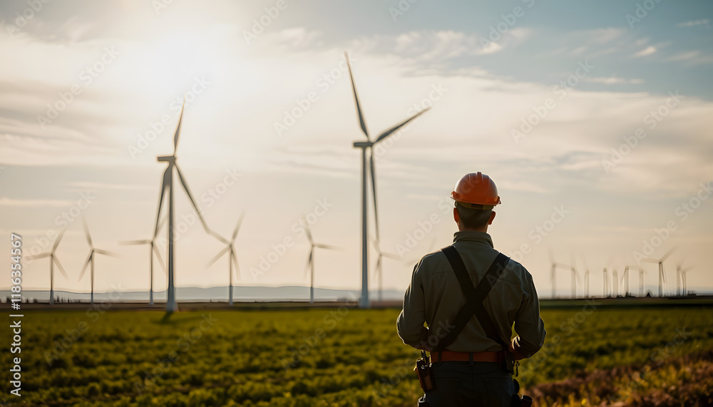 custom made wallpaper toronto digitalmale worker of windmill engineer, wind turbine field or farm, clean energy source. Eco technology for electricians.Man standing with his back, silhouette, with white tones