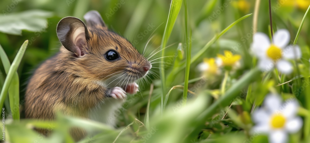 Adorable field mouse exploring lush green grass and wildflowers, showcasing intricate fur patterns and curious expression, copy space for text Adorable field mouse exploring lush green grass and wildflowers, showcasing intricate fur patterns and curious expression, copy space for text