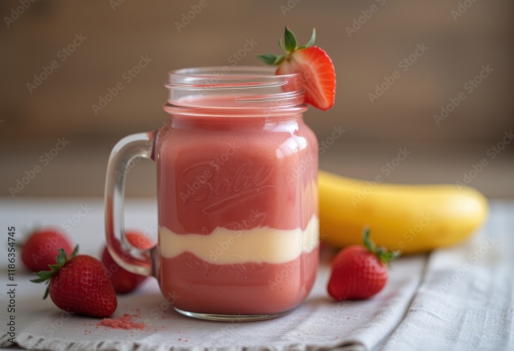 Strawberry banana smoothie in jar with fresh fruit. Strawberry banana smoothie in jar with fresh fruit.