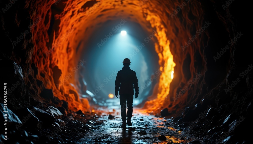 Fototapeta premium Miner walks deep inside copper mine tunnel. Dark tunnel with bright light at end. Worker goes forward. Safety gear obvious. Dramatic lighting. Industrial setting. Metal walls. Mineral rich.