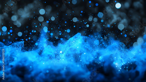 Bright blue electric particles bursting outward against a smoky dark gray background with glowing accents