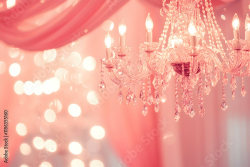Bright glittering pink hues with glowing bokeh in an elegant ballroom, crystal chandeliers and grand drapery adding charm