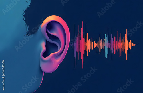Ear and Sound wave Illustration for Hearing Awareness. Vibrant illustration of a human ear with colorful sound waves on a dark background