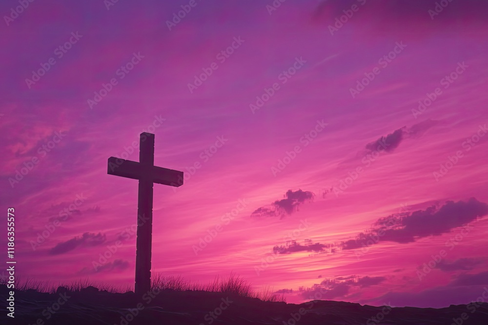 Good Friday concept: cross on sunset sky background 