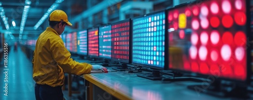 Technician inspecting electronic displays with vibrant test patterns at a manufacturing facility