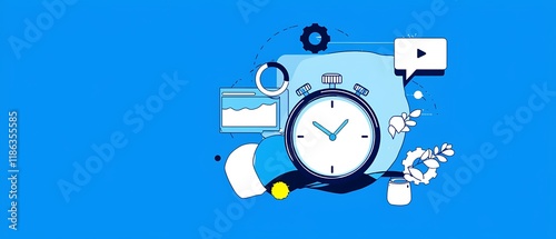 Two abstract figures interact with a large clock and a broken leaf in a bright blue environment, illustrating the theme of time management and productivity in motion.