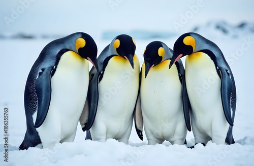 Group of Emperor Penguins in Snow. A group of four emperor penguins standing close together on snowy terrain, showcasing wildlife and Arctic beauty.