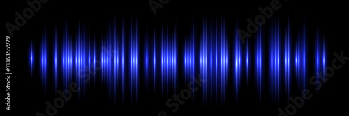 Sound wave. Music audio frequency, voice waveform, electronic radio signal, volume level, track symbol. Noise pulses curve blue line isolated on black. Abstract vector background.