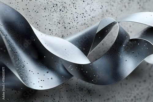 Cool metallic particles forming flowing ribbons over a textured steel gray abstract background