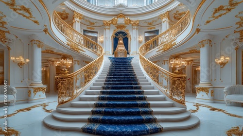 Grand staircase in opulent mansion foyer with blue carpet and gold accents photo