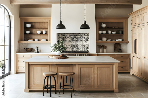 Elegant rustic kitchen featuring light oak cabinets and a spacious island, accented by Mediterranean-inspired tile patterns and warm natural finishes