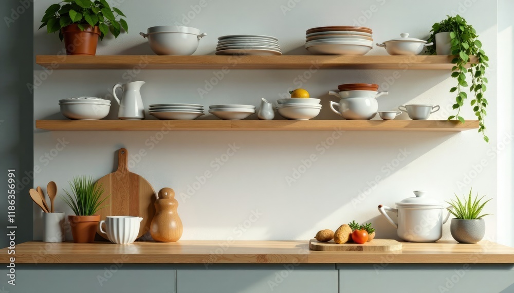 Hanging wooden shelves on platform with kitchenware, minimalist, cooking, table Hanging wooden shelves on platform with kitchenware, minimalist, cooking, table