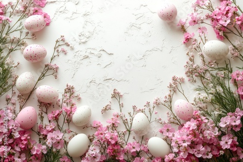 Minimalist Easter Eggs Framed by Delicate Pink Flowers on a Soft White Background for Chinese New Year Celebrations and Spring Inspiration