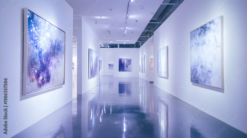 Glittering silver bokeh with cool-toned light inside a modern art gallery, abstract paintings and reflective white walls Glittering silver bokeh with cool-toned light inside a modern art gallery, abstract paintings and reflective white walls