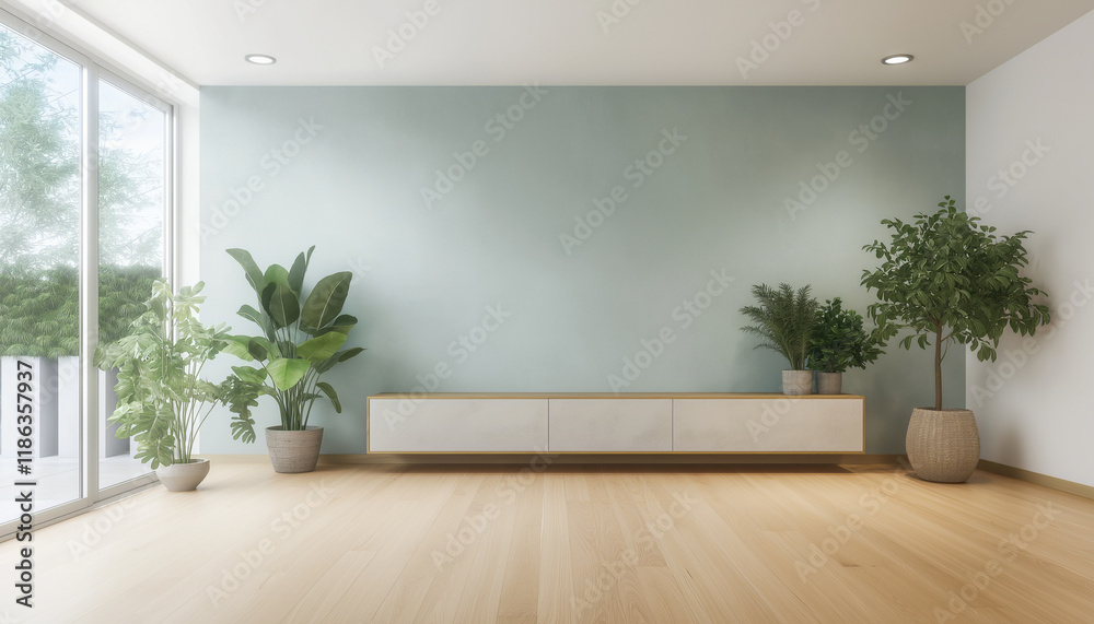 Fototapeta premium Modern Interior with Wooden Floor, Potted Plants, Minimal Furniture, and Large Window Allowing Natural Light