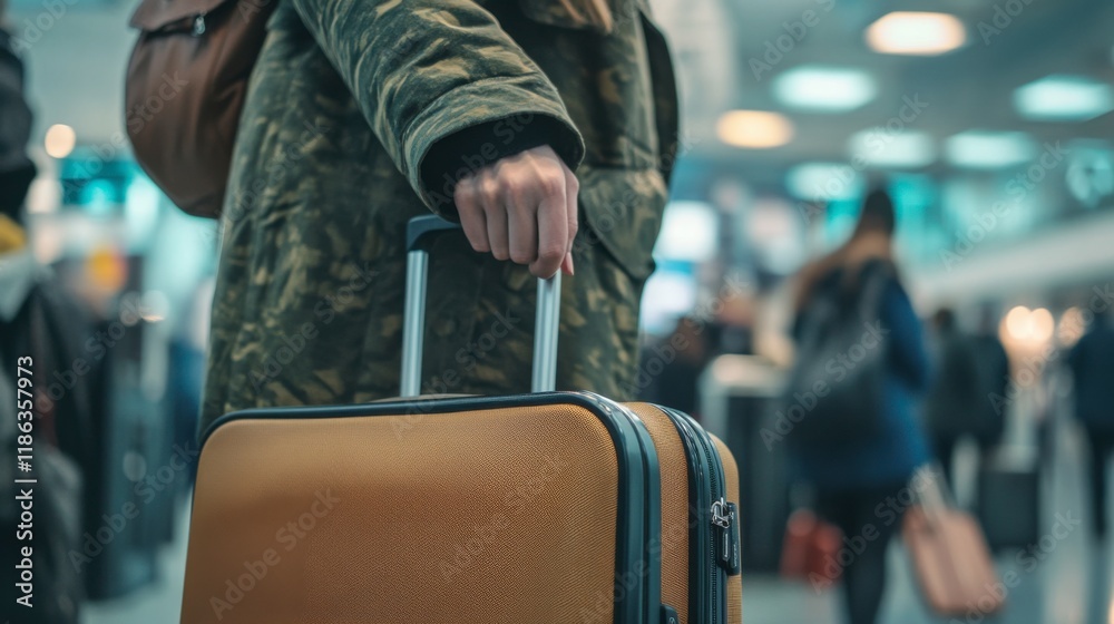Naklejka premium Traveler's Departure: A close-up shot focuses on a person's hand gripping the handle of a tan carry-on suitcase in a bustling airport terminal.