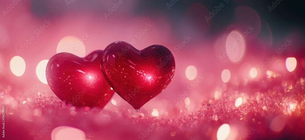 Red glass hearts on sparkling pink background, symbolizing love and romance, perfect for Valentine's Day or romantic occasions, copy space for text