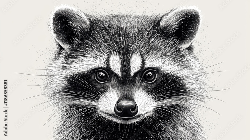 Obraz premium Majestic Raccoon Portrait: A Captivating Black and White Drawing of a Raccoon's Face