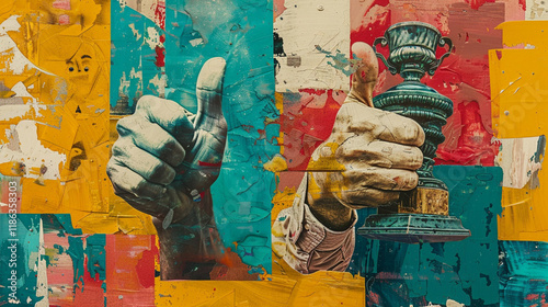 A striking contemporary art collage showcasing a hand holding a trophy, surrounded by thumbs-up gestures. Bold, dynamic design celebrates success and recognition.