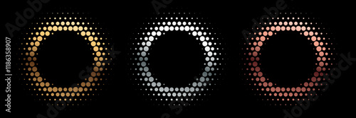 Color dotted round patterns. Gold, silver, bronze frames with halftone effect. First, second and third place medals isolated on black background. Abstract vector illustration set.