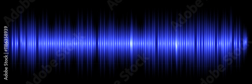 Sound wave. Music audio frequency, voice waveform, electronic radio signal, volume level, track symbol. Noise pulses curve blue line isolated on black. Abstract vector background.