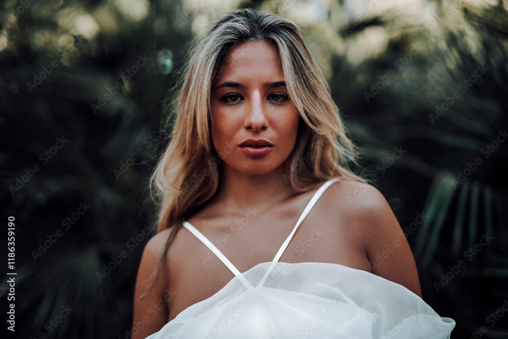 Chica rubia joven posando en jardin con traje blanco