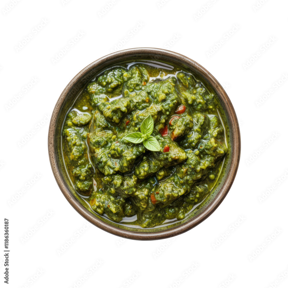 Green Pesto in Bowl: A close-up shot of a bowl of vibrant green pesto, a fragrant blend of basil, garlic, pine nuts, and olive oil, ready to add a burst of flavor to your next culinary creation. Green Pesto in Bowl: A close-up shot of a bowl of vibrant green pesto, a fragrant blend of basil, garlic, pine nuts, and olive oil, ready to add a burst of flavor to your next culinary creation.