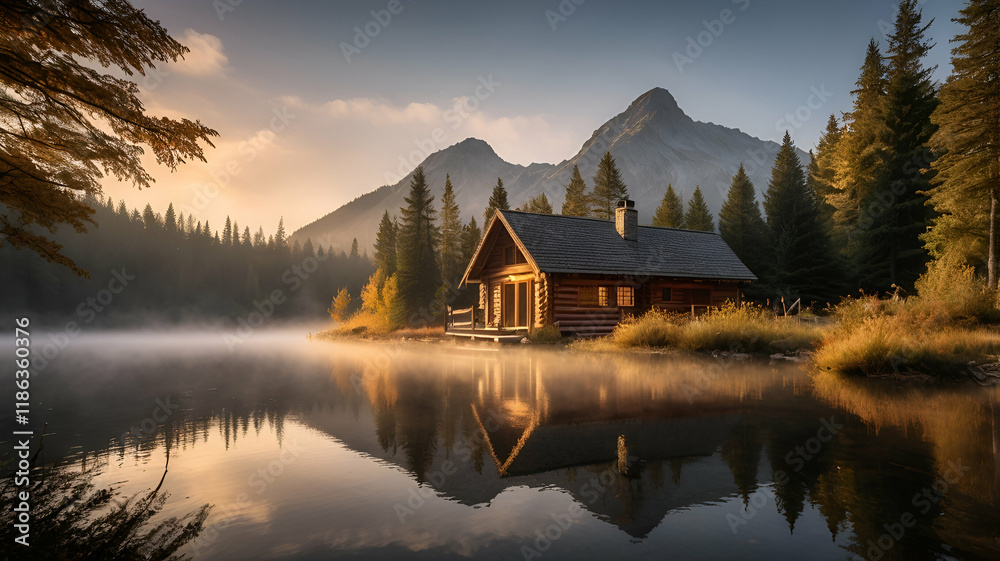 Fototapeta premium Serene Mountain Sunrise: Misty Peaks and Reflective Lake Photography