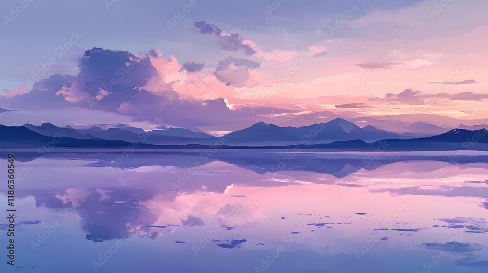 Fototapeta premium Soft lilac clouds reflecting off a tranquil desert salt flat at sunrise, with faint distant mountain silhouettes