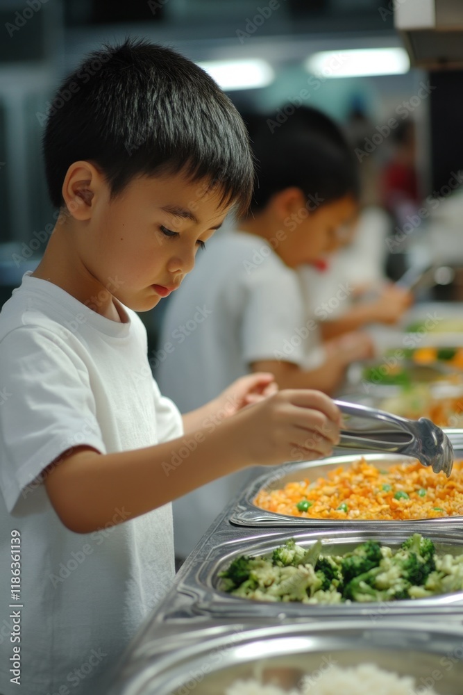 © Julia Jones - No One Eats Alone Day Asian child serving food in school cafeteria line © Julia Jones - No One Eats Alone Day Asian child serving food in school cafeteria line